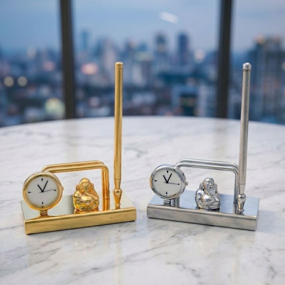 Steel Ganesha Clock Stand with Pen Holder for Corporate Gifts